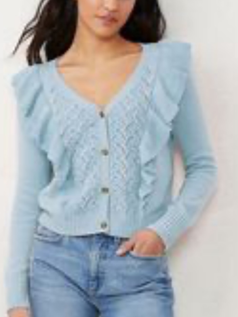 LC Lauren Conrad Light Blue Ruffle V-Neck Button Cardigan